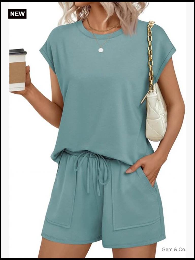 Two Piece Lounge Set With Cap Sleeve And Side Pockets